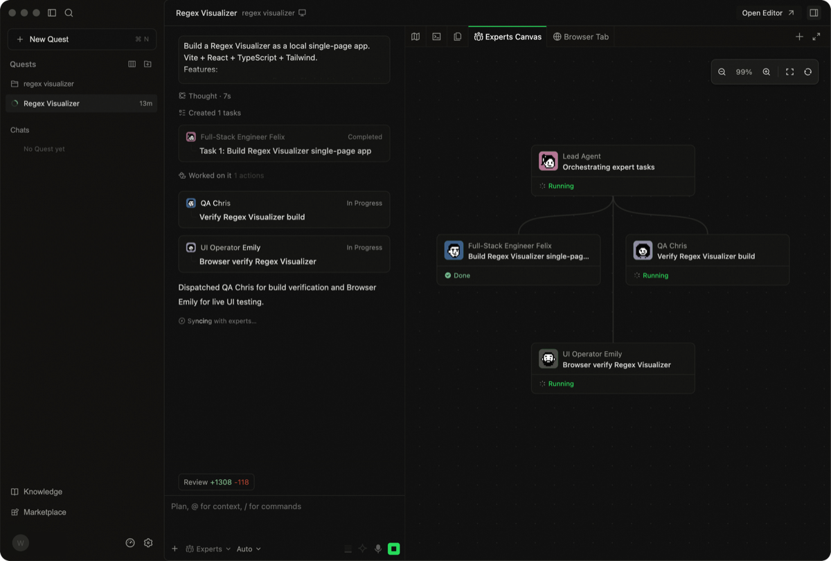Qoder desktop showing multi-agent 'Experts Canvas' with Lead Agent, Full-Stack Engineer, QA and UI Operator agents collaborating on a build task
