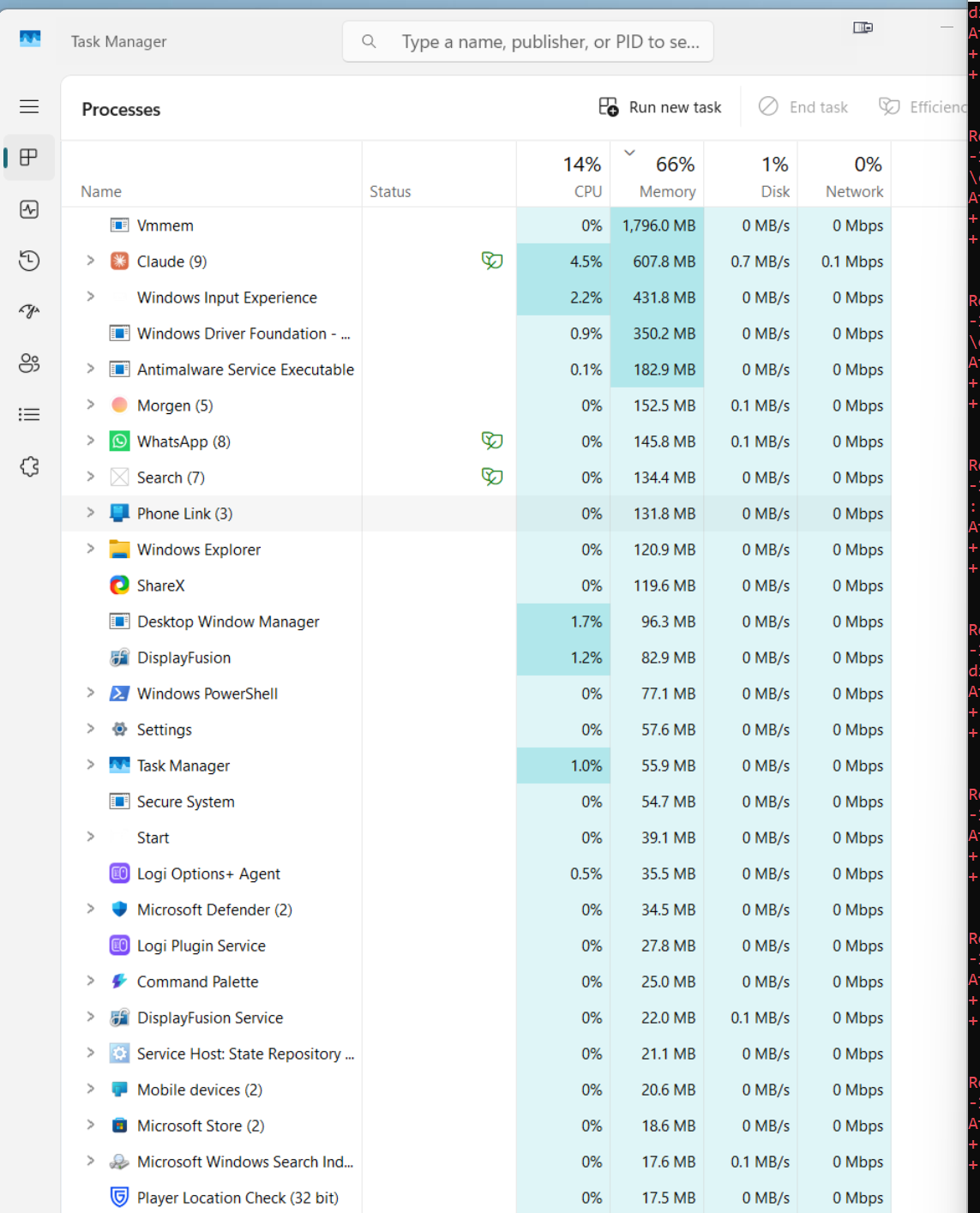 Windows Task Manager showing Vmmem consuming about 1.8 GB of RAM with Claude Desktop running