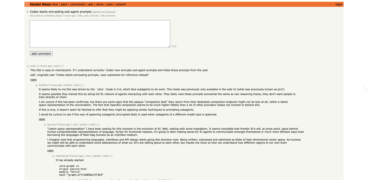 Hacker News thread 'Codex starts encrypting sub-agent prompts', 405 points, 238 comments, top comment discussing latent-space representation and RL rollouts