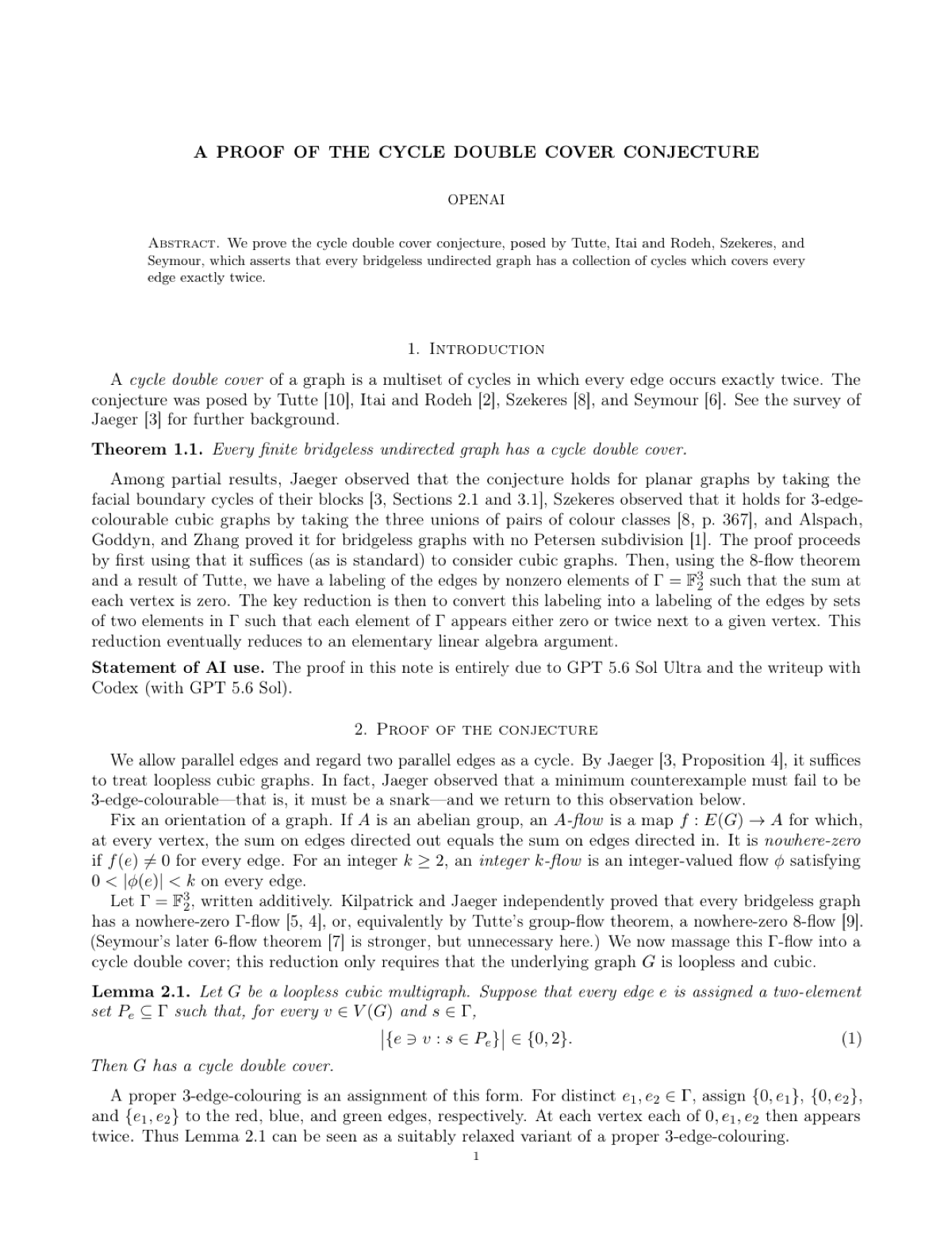 First page of OpenAI's official proof PDF, showing the title, the OpenAI author line, Theorem 1.1, and the Statement of AI use.