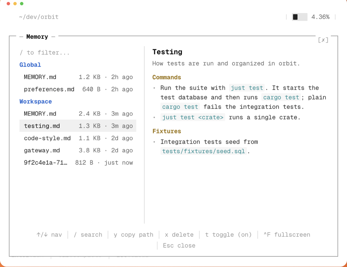 Official xAI Grok Build Memory browser showing global and workspace memory files and a selected testing topic