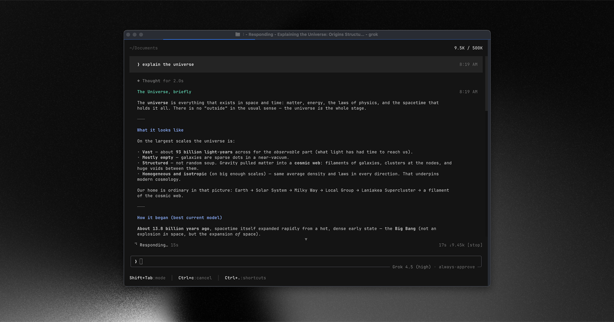The Grok Build terminal UI (TUI) showing a fullscreen, mouse-interactive coding agent session