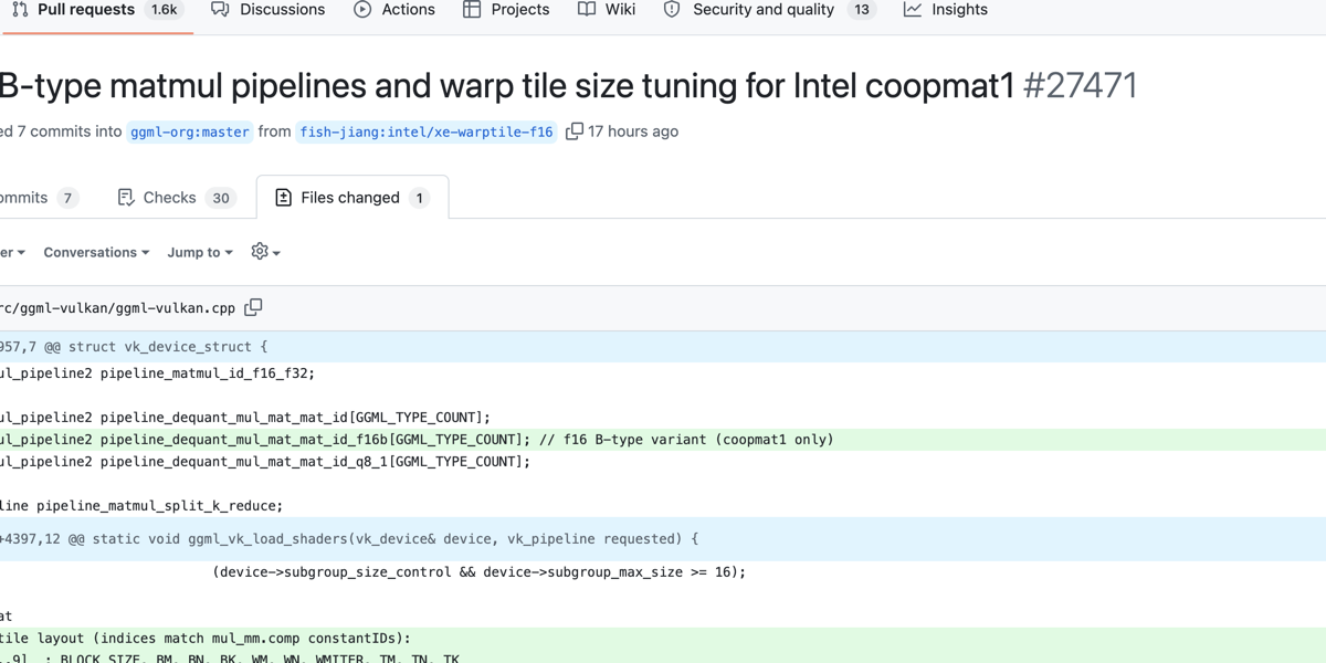 Official llama.cpp pull request diff showing the f16 B-type coopmat1 Vulkan pipeline added in the b10870 change.