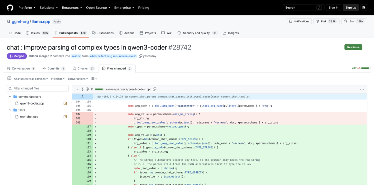 Official GitHub pull-request diff for llama.cpp #28742, showing Qwen3 Coder parser support for mixed string and JSON argument types.