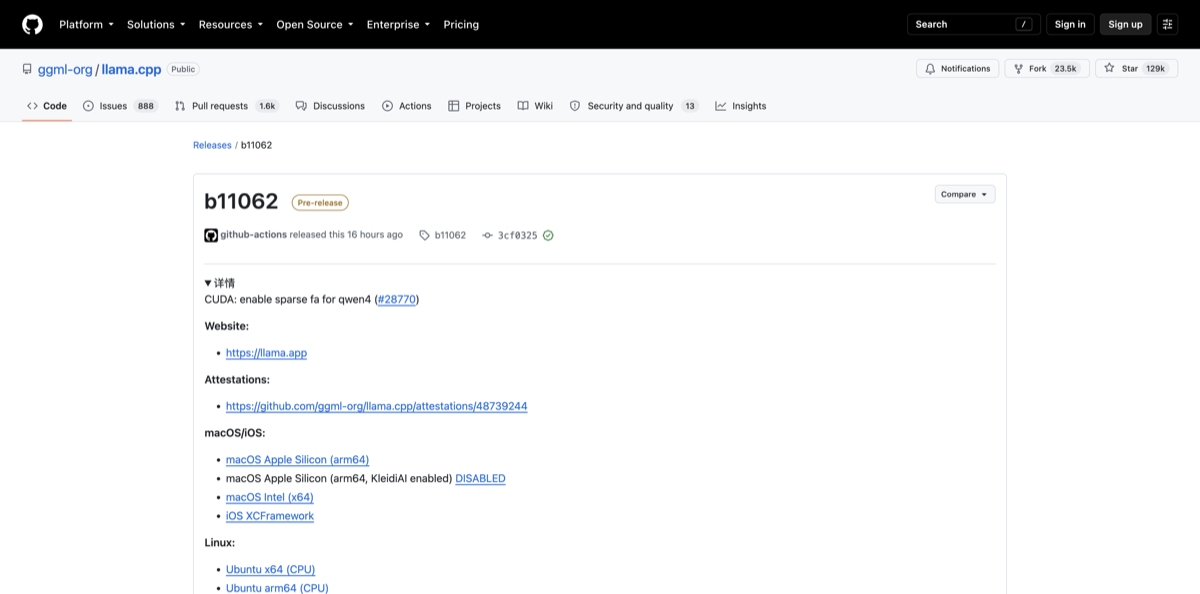 Official GitHub release page for llama.cpp b11062, showing the Qwen4 sparse Flash Attention change.