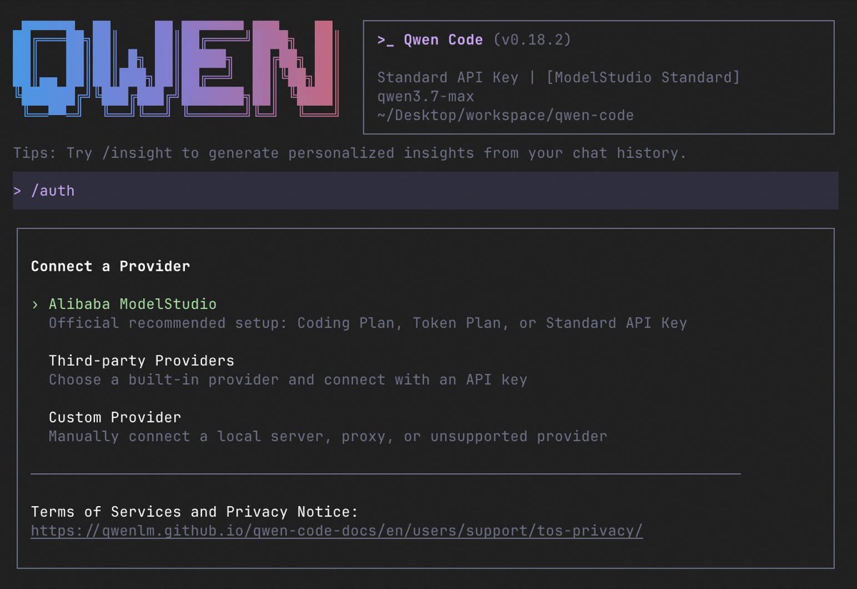 Official Qwen Code terminal interface showing a coding-agent session.