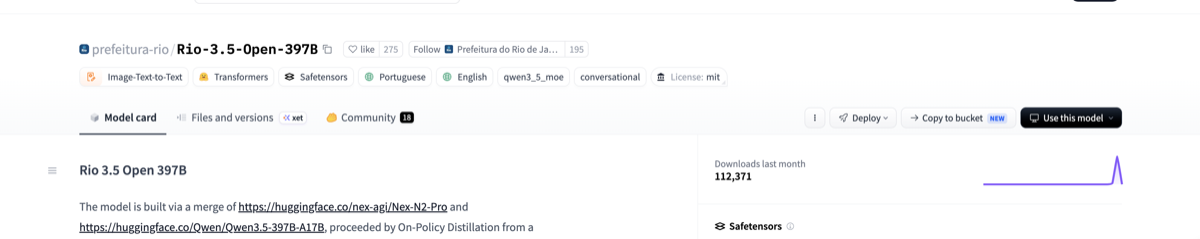 Hugging Face model card for prefeitura-rio/Rio-3.5-Open-397B showing the qwen3_5_moe tag and text admitting the model is a merge of Nex-N2-Pro and Qwen3.5-397B-A17B